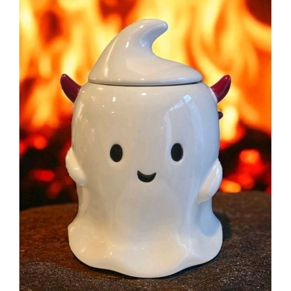 New Halloween Spooky Ceramic Devil Ghost W/ Horns Cookie Jar Decorative